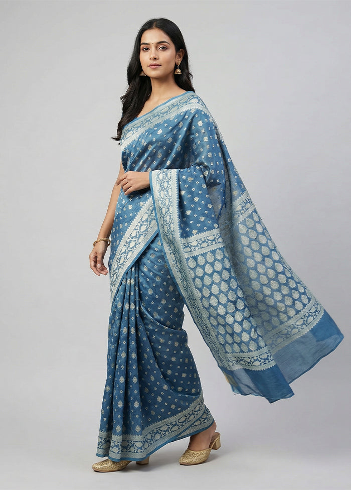 Blue Kora Silk Saree With Blouse Piece