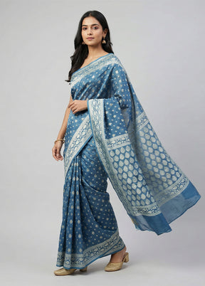 Blue Kora Silk Saree With Blouse Piece