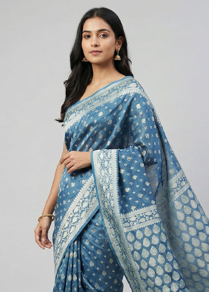 Blue Kora Silk Saree With Blouse Piece
