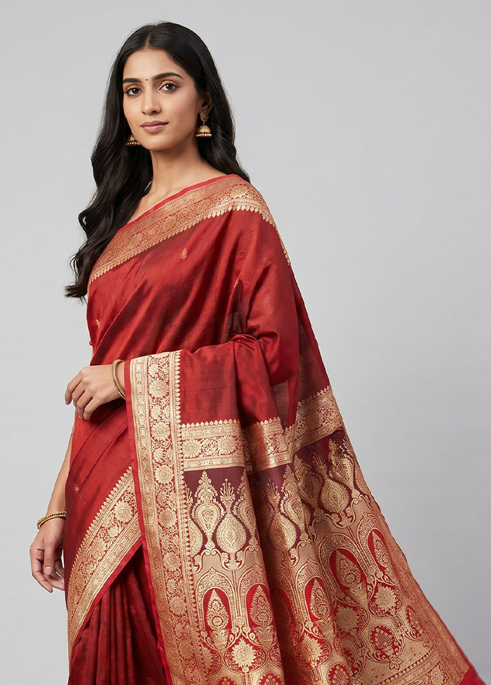 Maroon Banarasi Silk Saree With Blouse Piece