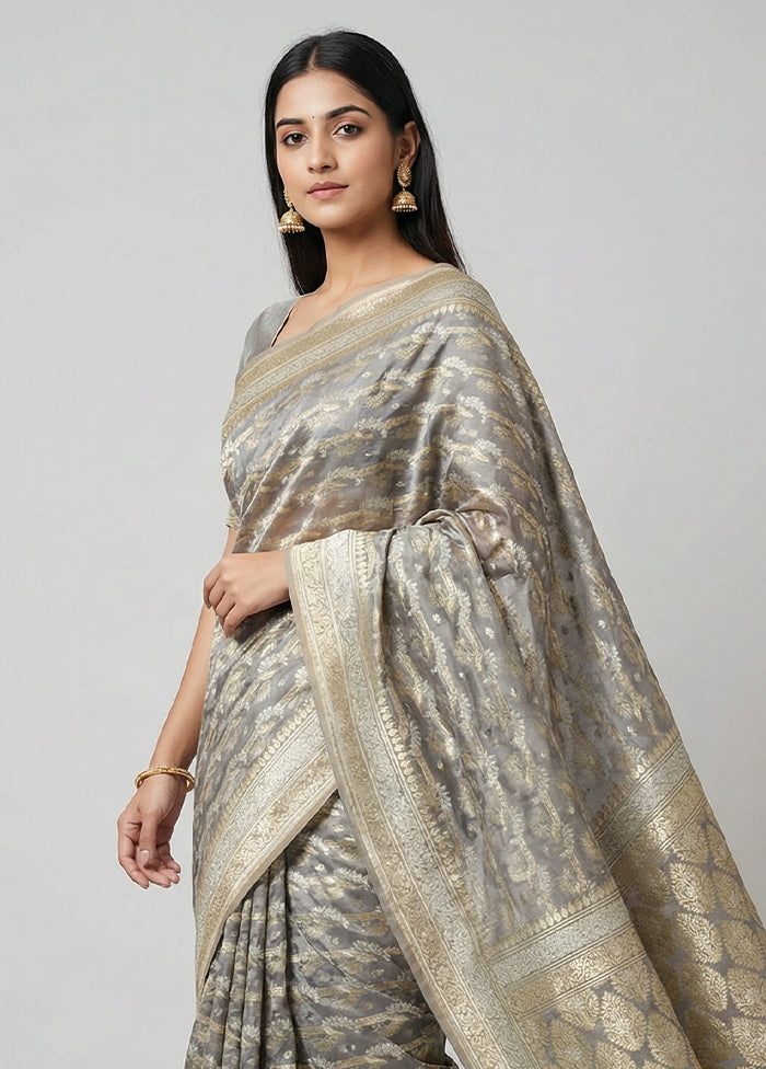 Grey Kora Silk Saree With Blouse Piece