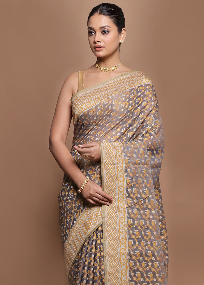 Grey Kora Silk Saree With Blouse Piece