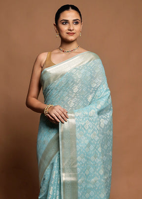 Blue Kora Silk Saree With Blouse Piece