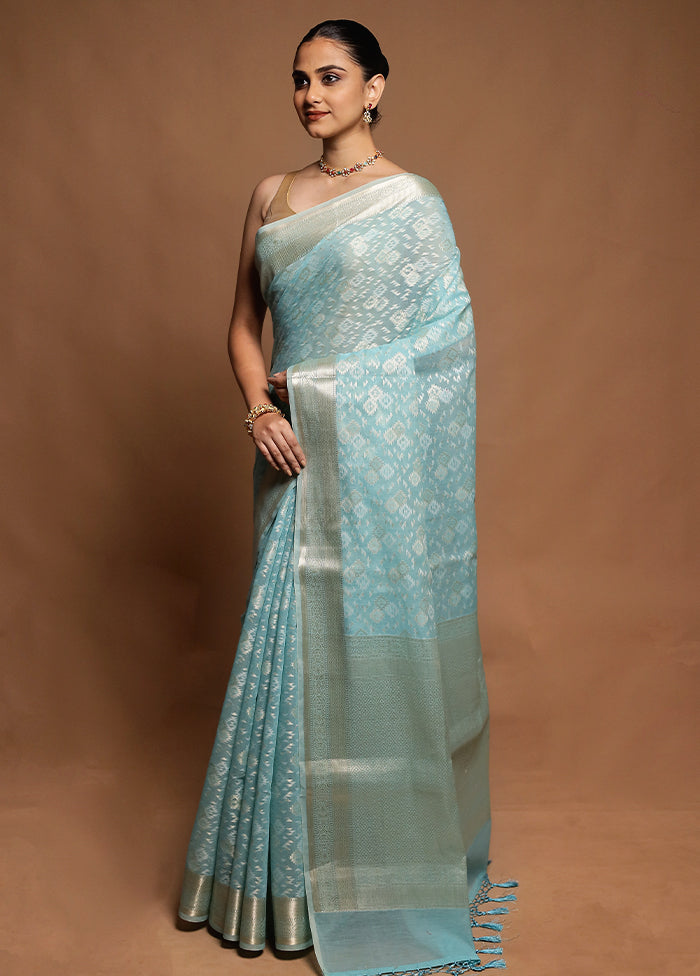 Blue Kora Silk Saree With Blouse Piece