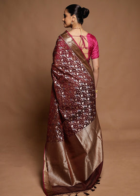 Maroon Kora Silk Saree With Blouse Piece