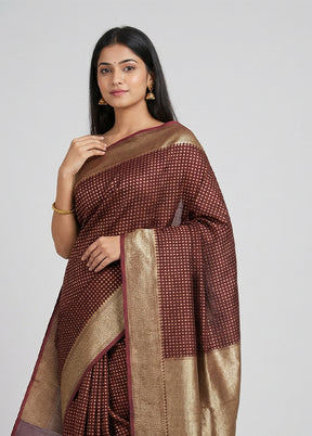 Maroon Kora Silk Saree With Blouse Piece