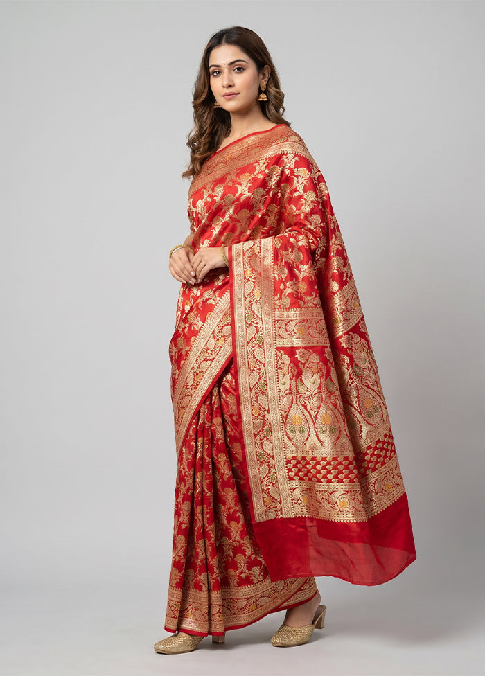 Red Handloom Banarasi Pure Silk Saree With Blouse Piece
