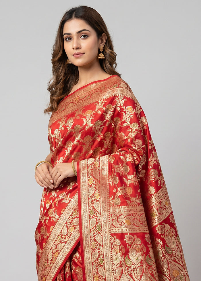Red Handloom Banarasi Pure Silk Saree With Blouse Piece