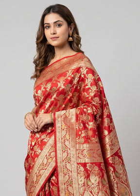 Red Handloom Banarasi Pure Silk Saree With Blouse Piece