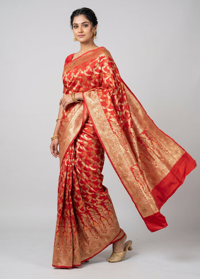 Red Handloom Banarasi Pure Silk Saree With Blouse Piece