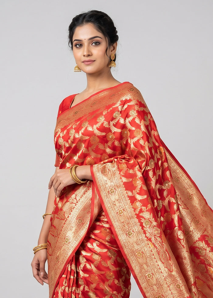 Red Handloom Banarasi Pure Silk Saree With Blouse Piece