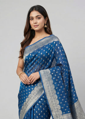 Blue Dupion Silk Saree With Blouse Piece