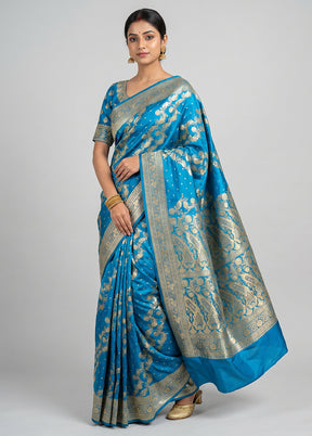 Blue Handloom Banarasi Pure Silk Saree With Blouse Piece