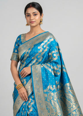 Blue Handloom Banarasi Pure Silk Saree With Blouse Piece