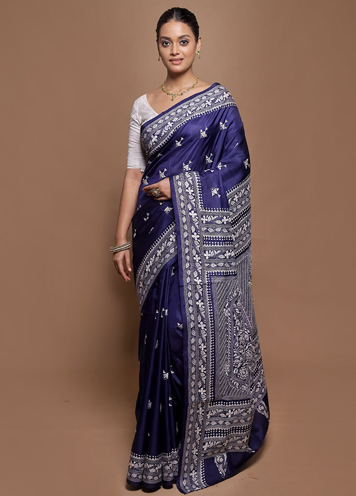 Blue Handloom Kantha Stitch Pure Silk Saree With Blouse Piece