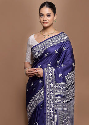Blue Handloom Kantha Stitch Pure Silk Saree With Blouse Piece