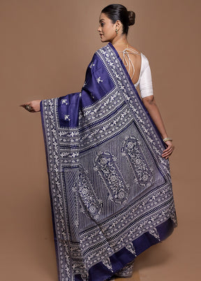 Blue Handloom Kantha Stitch Pure Silk Saree With Blouse Piece