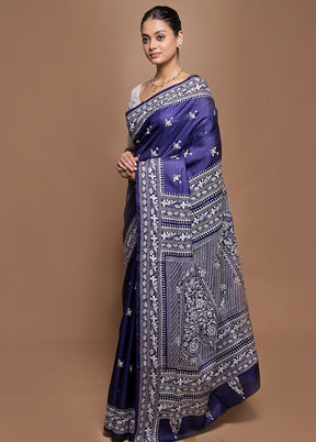 Blue Handloom Kantha Stitch Pure Silk Saree With Blouse Piece