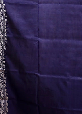 Blue Handloom Kantha Stitch Pure Silk Saree With Blouse Piece