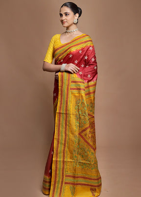 Yellow Handloom Kantha Stitch Pure Silk Saree With Blouse Piece