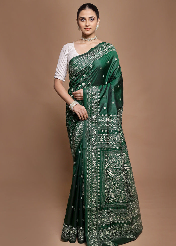 Green Handloom Kantha Stitch Pure Silk Saree With Blouse Piece