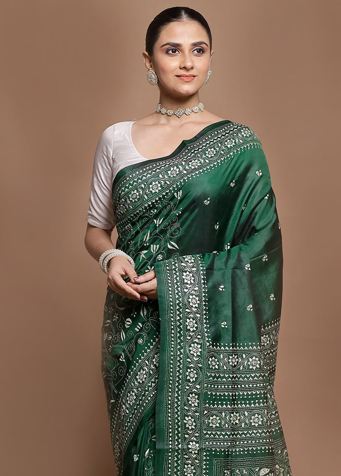 Green Handloom Kantha Stitch Pure Silk Saree With Blouse Piece