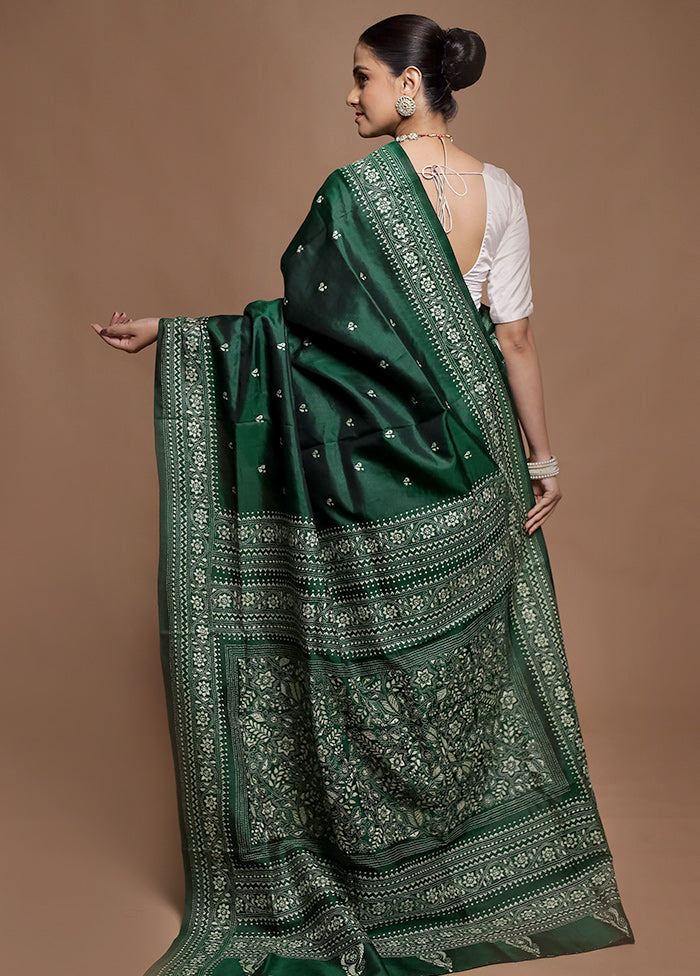 Green Handloom Kantha Stitch Pure Silk Saree With Blouse Piece