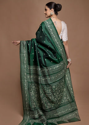 Green Handloom Kantha Stitch Pure Silk Saree With Blouse Piece