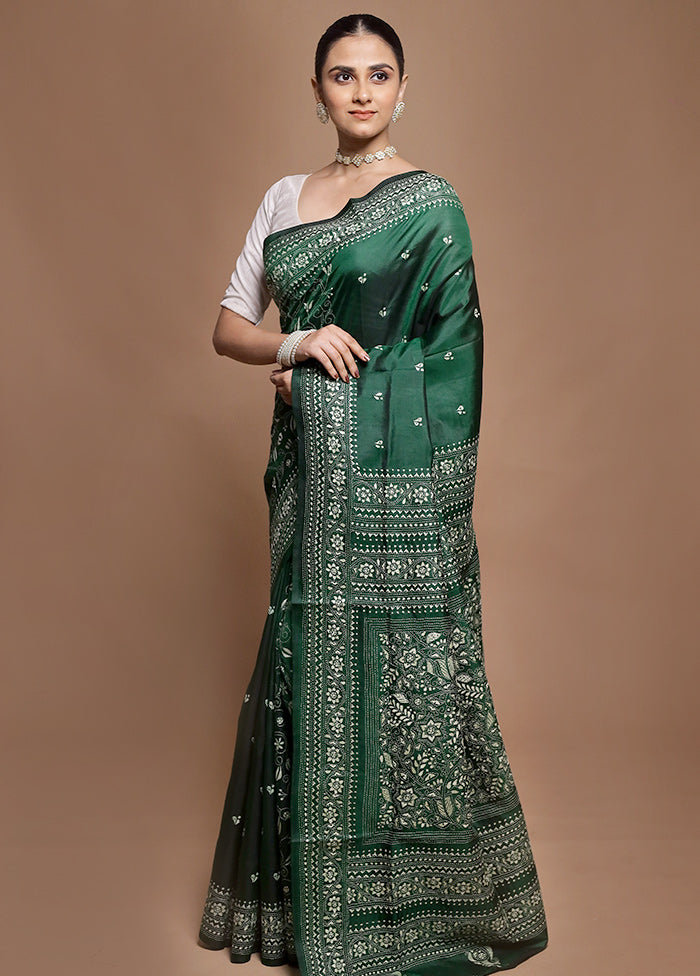 Green Handloom Kantha Stitch Pure Silk Saree With Blouse Piece