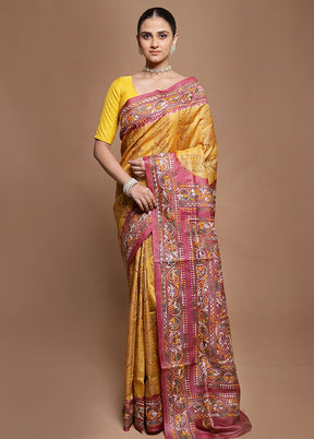 Pink Handloom Kantha Stitch Pure Silk Saree With Blouse Piece