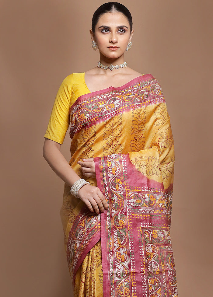 Pink Handloom Kantha Stitch Pure Silk Saree With Blouse Piece