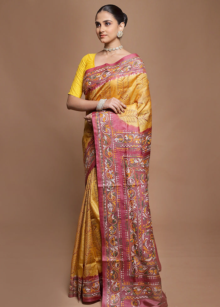 Pink Handloom Kantha Stitch Pure Silk Saree With Blouse Piece