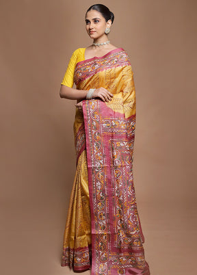 Pink Handloom Kantha Stitch Pure Silk Saree With Blouse Piece