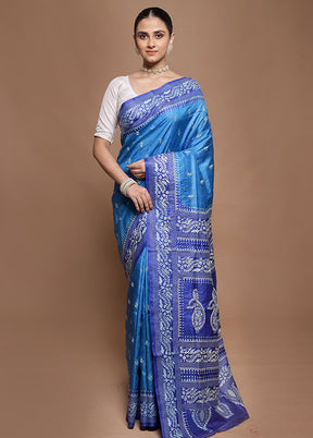 Blue Handloom Kantha Stitch Pure Silk Saree With Blouse Piece