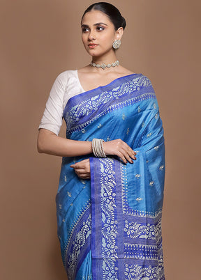 Blue Handloom Kantha Stitch Pure Silk Saree With Blouse Piece