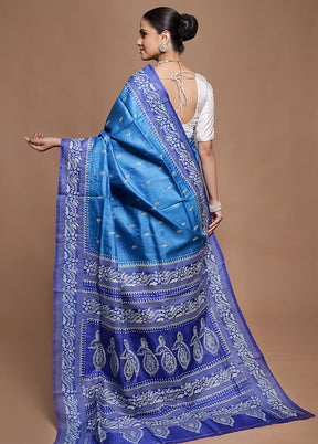 Blue Handloom Kantha Stitch Pure Silk Saree With Blouse Piece