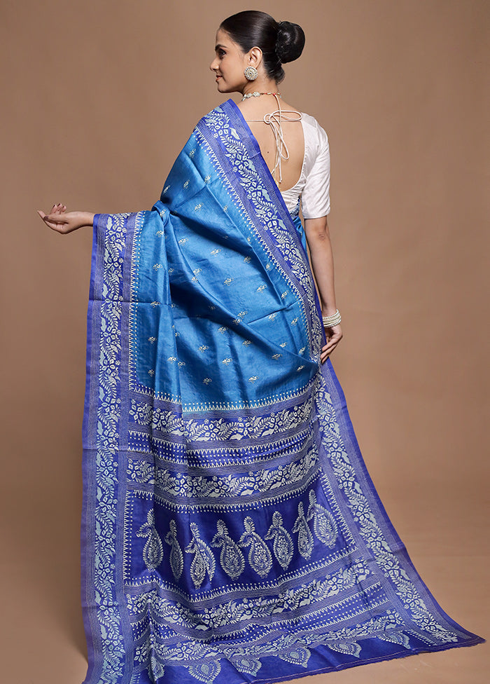 Blue Handloom Kantha Stitch Pure Silk Saree With Blouse Piece