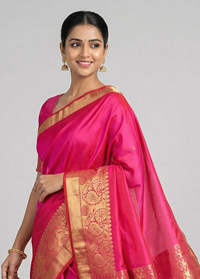 Pink Kanjivaram Silk Saree With Blouse Piece