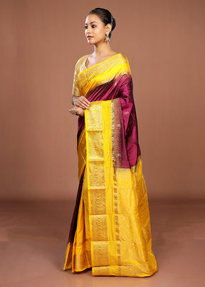 Purple Handloom Kanjivaram Pure Silk Saree With Blouse Piece
