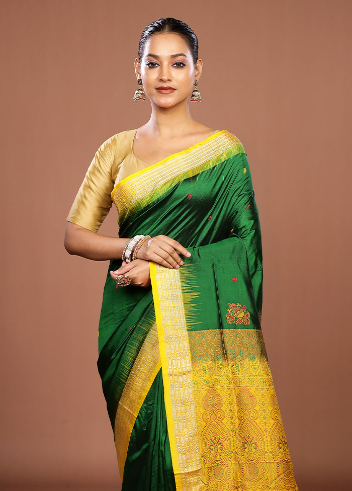 Green Handloom Bomkai Pure Silk Saree With Blouse Piece