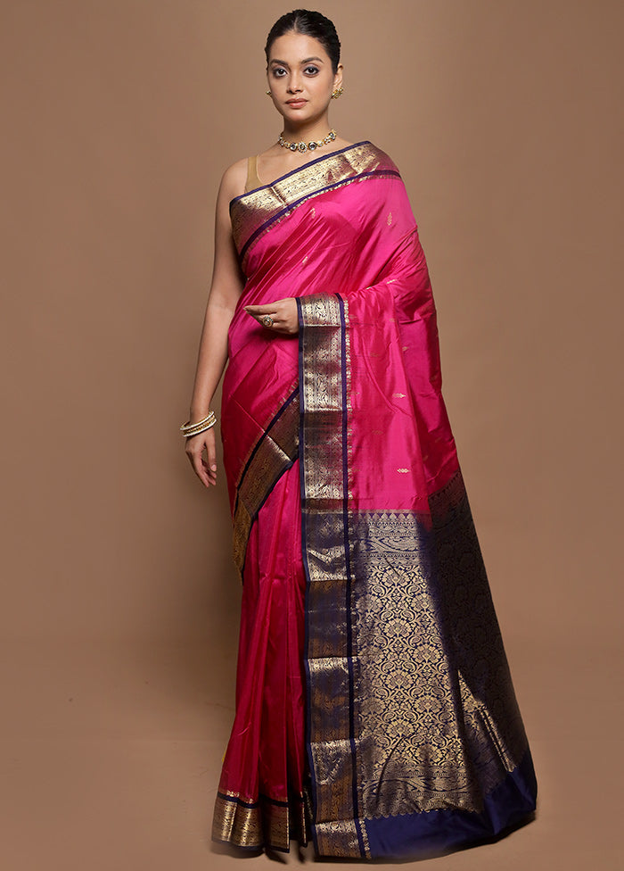 Pink Handloom Kanjivaram Pure Silk Saree With Blouse Piece