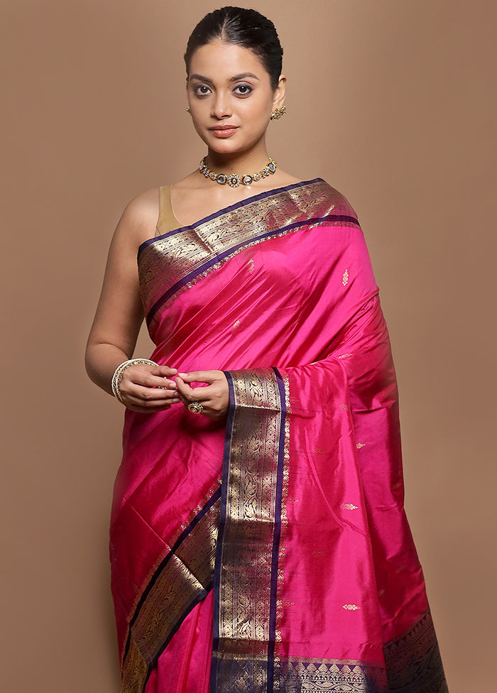 Pink Handloom Kanjivaram Pure Silk Saree With Blouse Piece