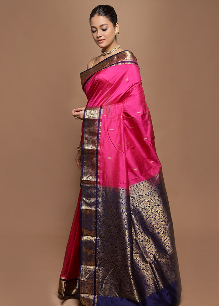 Pink Handloom Kanjivaram Pure Silk Saree With Blouse Piece