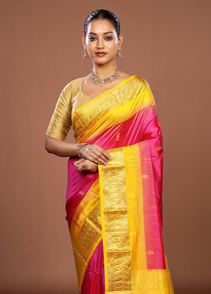 Pink Handloom Kanjivaram Pure Silk Saree With Blouse Piece