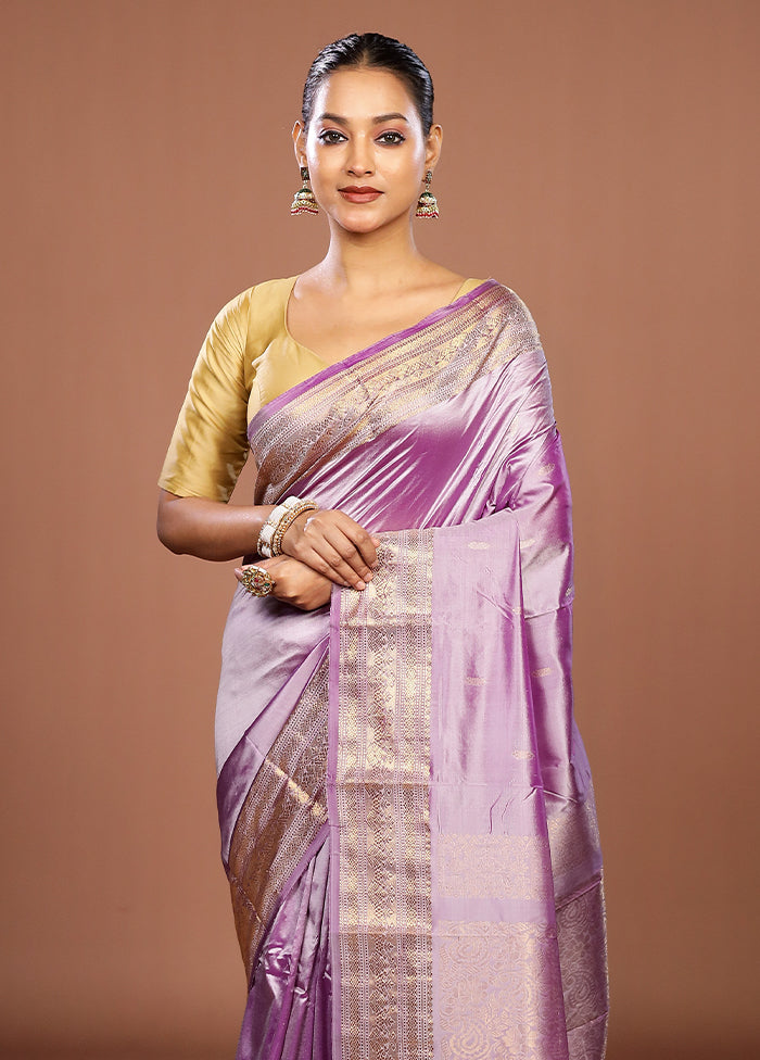 Purple Handloom Kanjivaram Pure Silk Saree With Blouse Piece