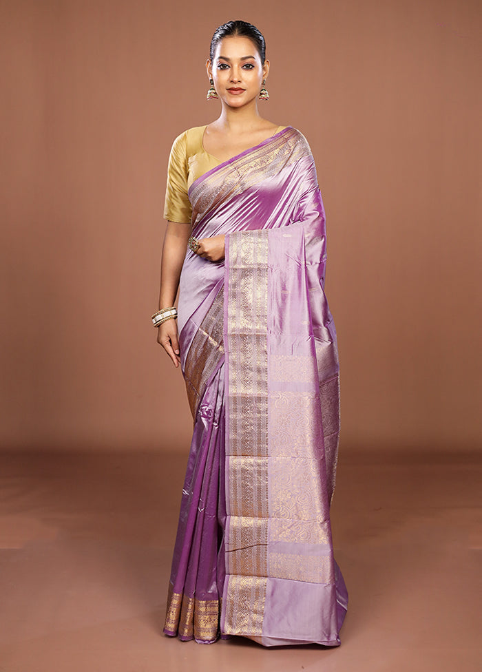 Purple Handloom Kanjivaram Pure Silk Saree With Blouse Piece