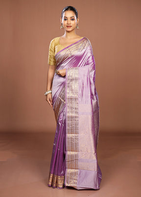 Purple Handloom Kanjivaram Pure Silk Saree With Blouse Piece