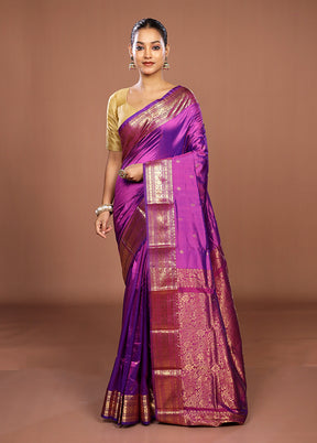 Purple Handloom Kanjivaram Pure Silk Saree With Blouse Piece