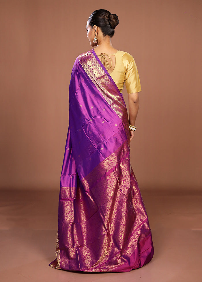 Purple Handloom Kanjivaram Pure Silk Saree With Blouse Piece