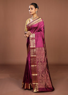 Purple Handloom Kanjivaram Pure Silk Saree With Blouse Piece